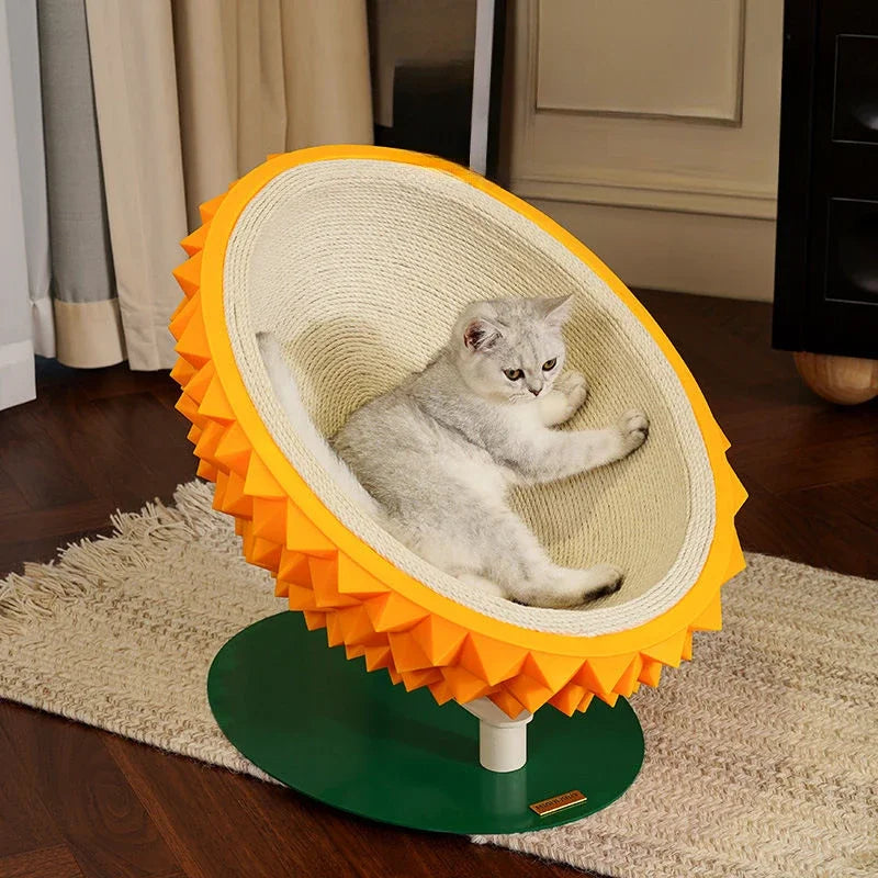 Cat lounging in a sunflower-shaped pet bed on a wooden floor.