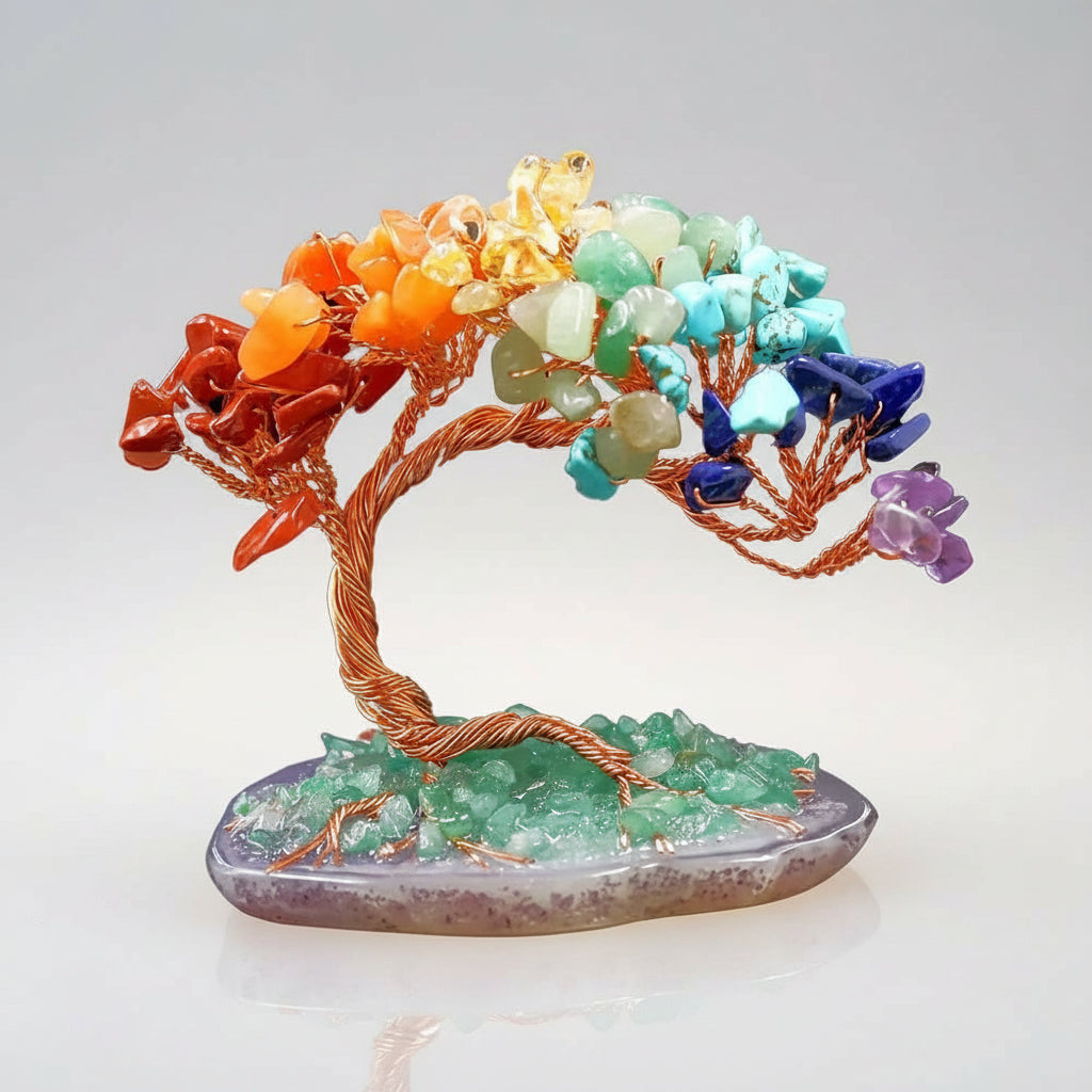 Seven Chakras Crystal Money Tree – Natural Gemstone Feng Shui Fortune Tree Ornament Seven chakras 2.4" x 3.5" (6 x 9cm)
