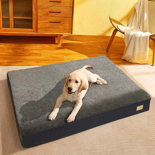Dog lying on a large gray pet bed in a room with wooden flooring and furniture.