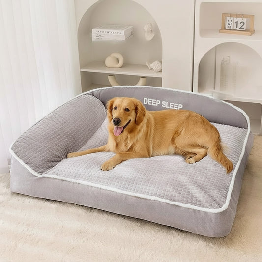 Dog lying on a thick sofa bed with 'Dino' branding and text about its durability.