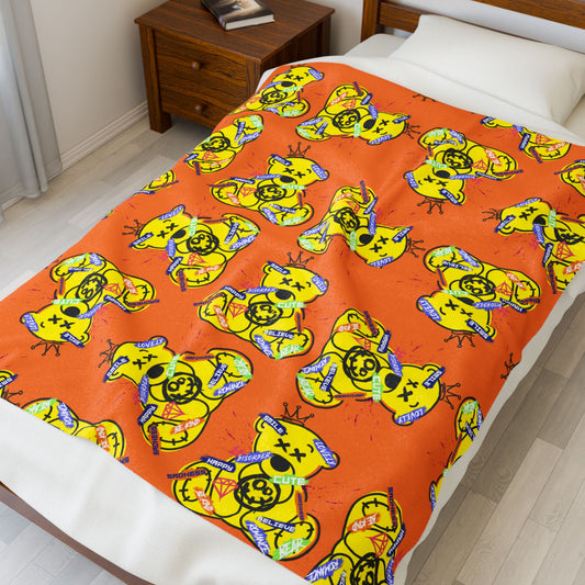 Emotional Collage Graphic Velveteen Plush Blanket – Soft Orange Throw with Teddy Bear – Artistic Streetwear Home Decor 50" × 60"