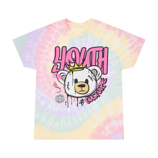 Unisex Pastel Tie Dye T-Shirt with Graffiti Bear Graphic – Soft Cotton Streetwear Tee for Festivals & Casual Wear – Youth Culture Style
