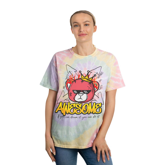 Unisex "Awesome" Tie Dye T-Shirt – Streetwear Graphic Tee with Flaming Crown Bear & Motivational Quote – Soft Cotton Pastel Shirt Hazy Rainbow