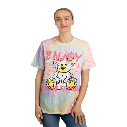 Unisex "Enjoy Little Things" Tie Dye T-Shirt – Streetwear Graphic Tee with Teddy Bear & Positive Quote – Soft Cotton Pastel Shirt Hazy Rainbow