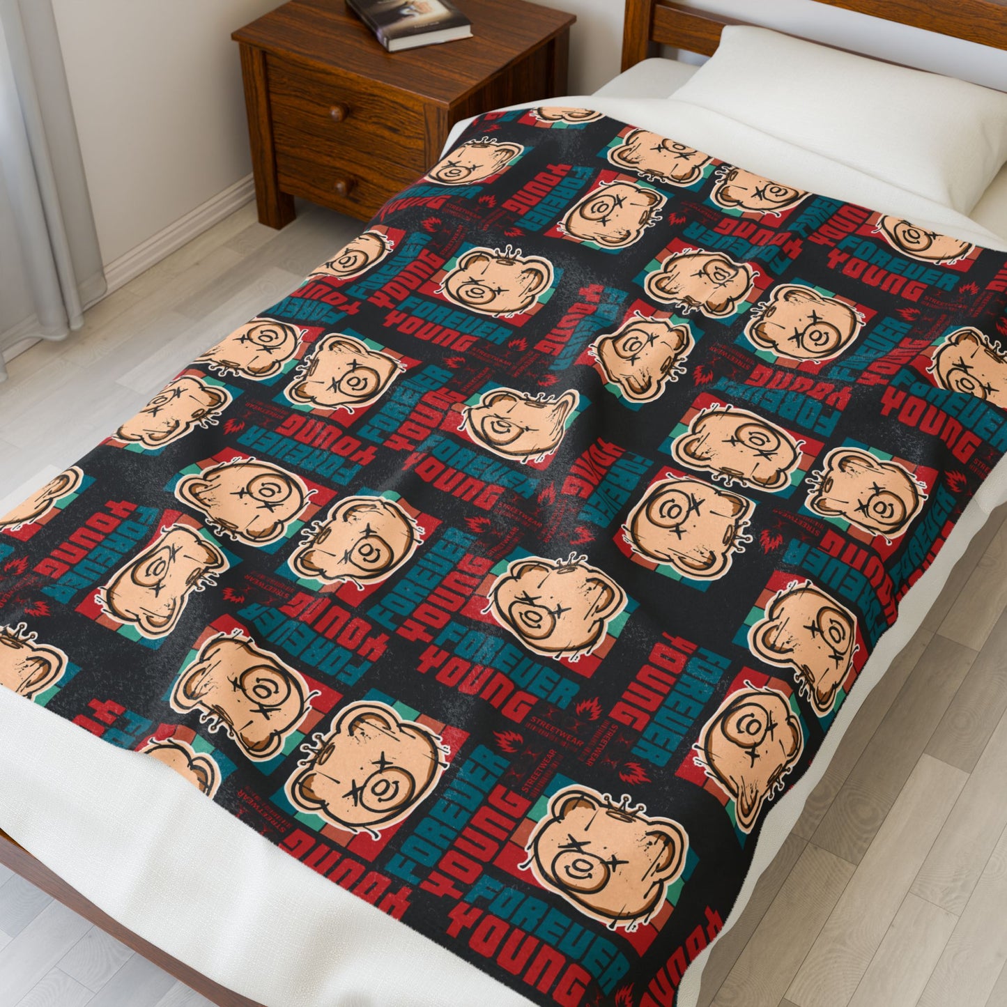 "Forever Young" Retro Graphic Velveteen Plush Blanket – Soft Black Throw with Teddy Bear – 90s Style Streetwear Decor 50" × 60"