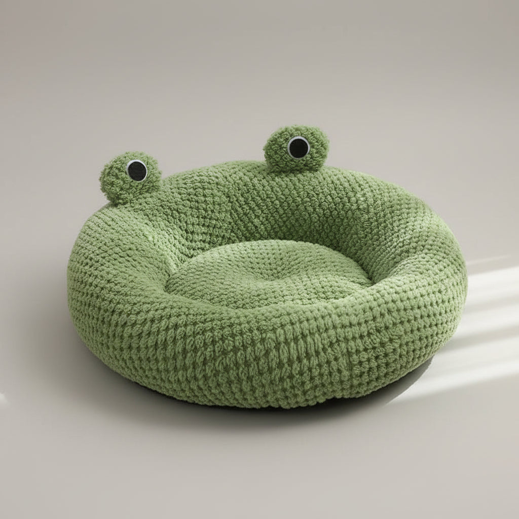 Green frog-shaped pet bed with a white cat inside on a wooden floor.