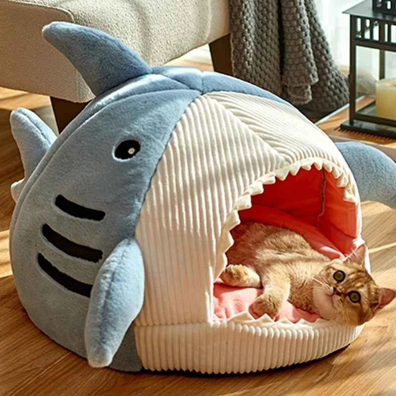 Cute Shark Cat Bed Cave (Up to 20.9 in) - Enclosed Portable Pet Tent Winter Warm Blue