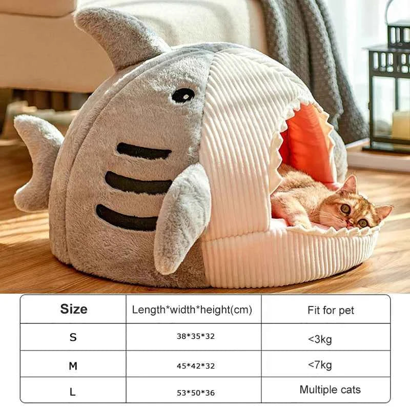 Cute Shark Cat Bed Cave (Up to 20.9 in) - Enclosed Portable Pet Tent Winter Warm
