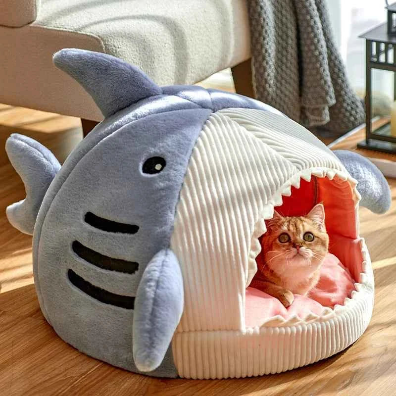 Cute Shark Cat Bed Cave (Up to 20.9 in) - Enclosed Portable Pet Tent Winter Warm