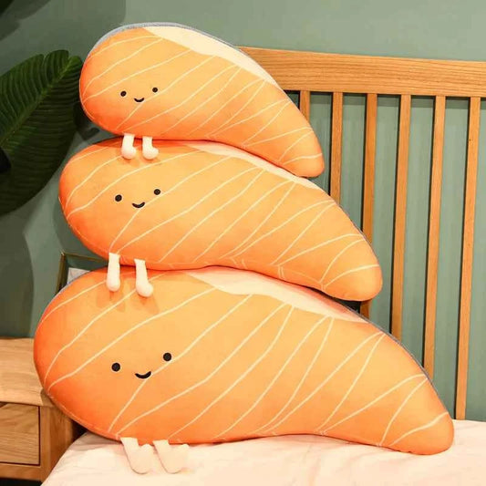 Funny Salmon Fillet Plush Pillow – Kawaii Stuffed Salmon Slice Cushion