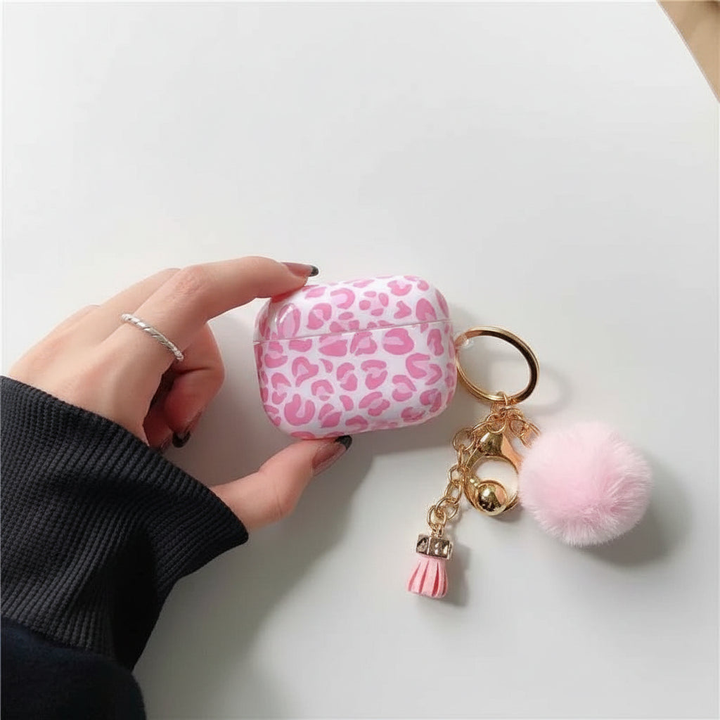 Kawaii Pink Leopard Airpods Pro 2 Case with Hairball Keychain - Cute TPU Protector Pink