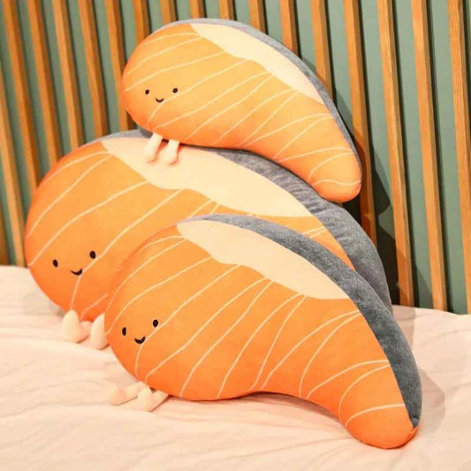 Funny Salmon Fillet Plush Pillow – Kawaii Stuffed Salmon Slice Cushion