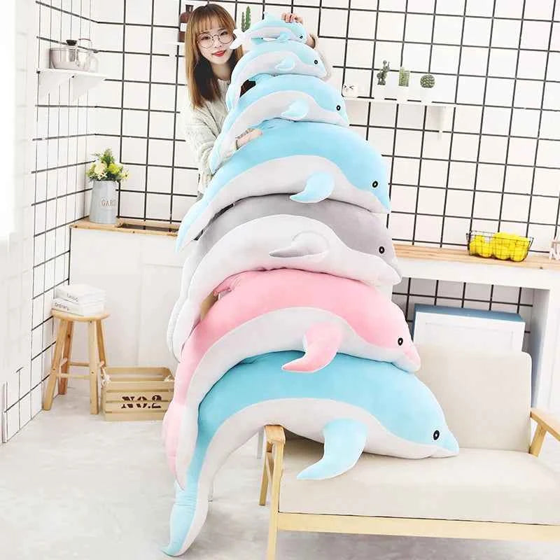 Kawaii Dolphin Plush Pillow - Soft Stuffed Ocean Animal Nap Cushion in 3 Colors and 5 Sizes, 30-120cm