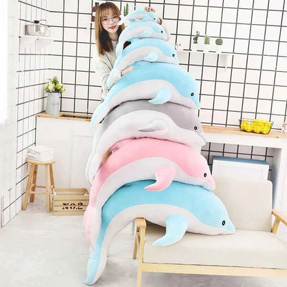Kawaii Dolphin Plush Pillow - Soft Stuffed Ocean Animal Nap Cushion in 3 Colors and 5 Sizes, 30-120cm