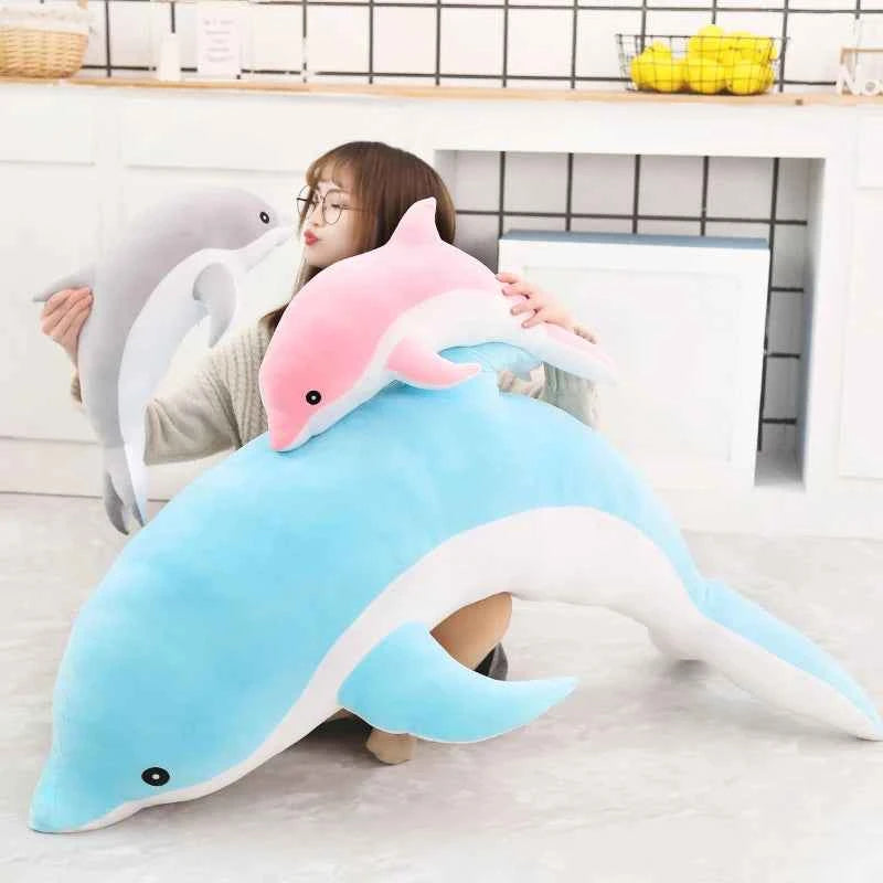 Kawaii Dolphin Plush Pillow - Soft Stuffed Ocean Animal Nap Cushion in 3 Colors and 5 Sizes, 30-120cm