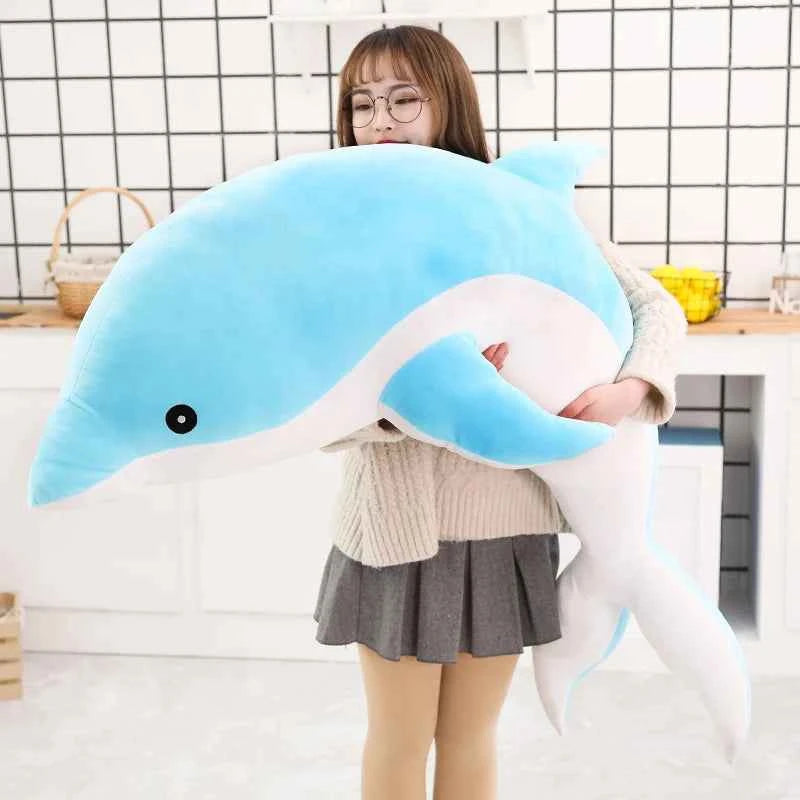 Kawaii Dolphin Plush Pillow - Soft Stuffed Ocean Animal Nap Cushion in 3 Colors and 5 Sizes, 30-120cm
