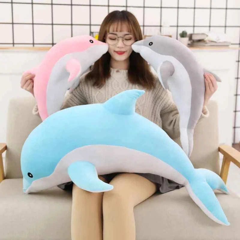 Kawaii Dolphin Plush Pillow - Soft Stuffed Ocean Animal Nap Cushion in 3 Colors and 5 Sizes, 30-120cm Blue