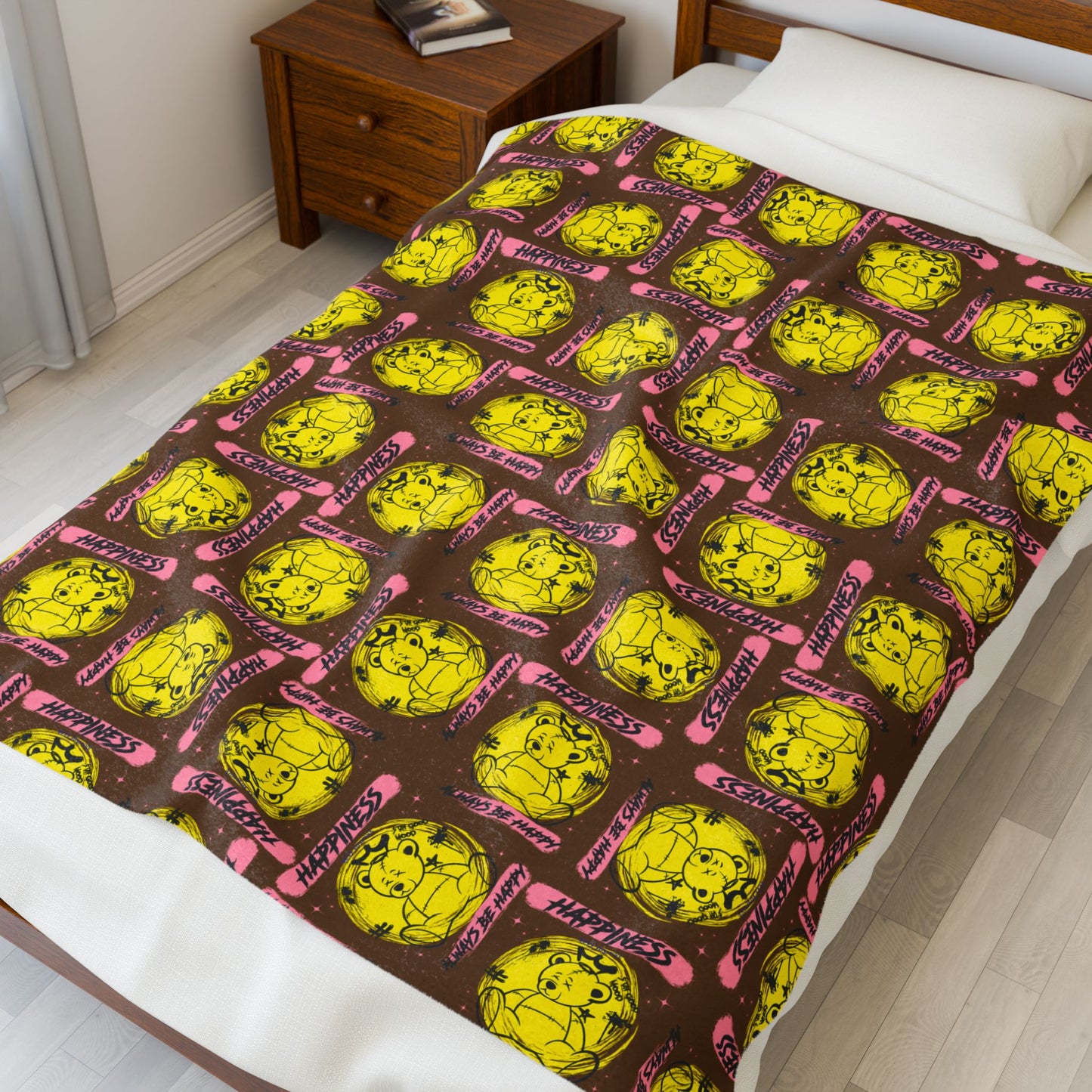 "Happiness" Positive Quote Velveteen Plush Blanket – Soft Brown Throw with Yellow Bear – Feel-Good Streetwear Home Decor 50" × 60"
