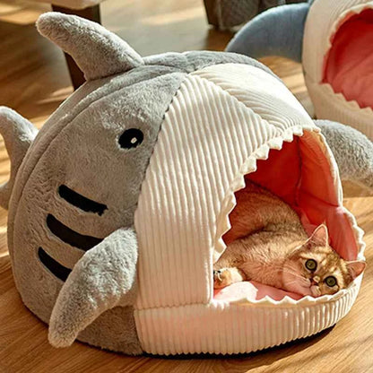 Cute Shark Cat Bed Cave (Up to 20.9 in) - Enclosed Portable Pet Tent Winter Warm Grey