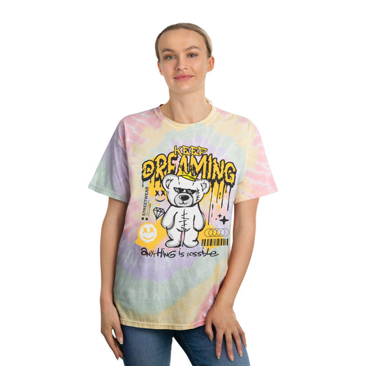 Unisex "Keep Dreaming" Tie Dye T-Shirt – Streetwear Graphic Tee with Cool Bear & Motivational Quote – Soft Cotton Pastel Shirt Hazy Rainbow