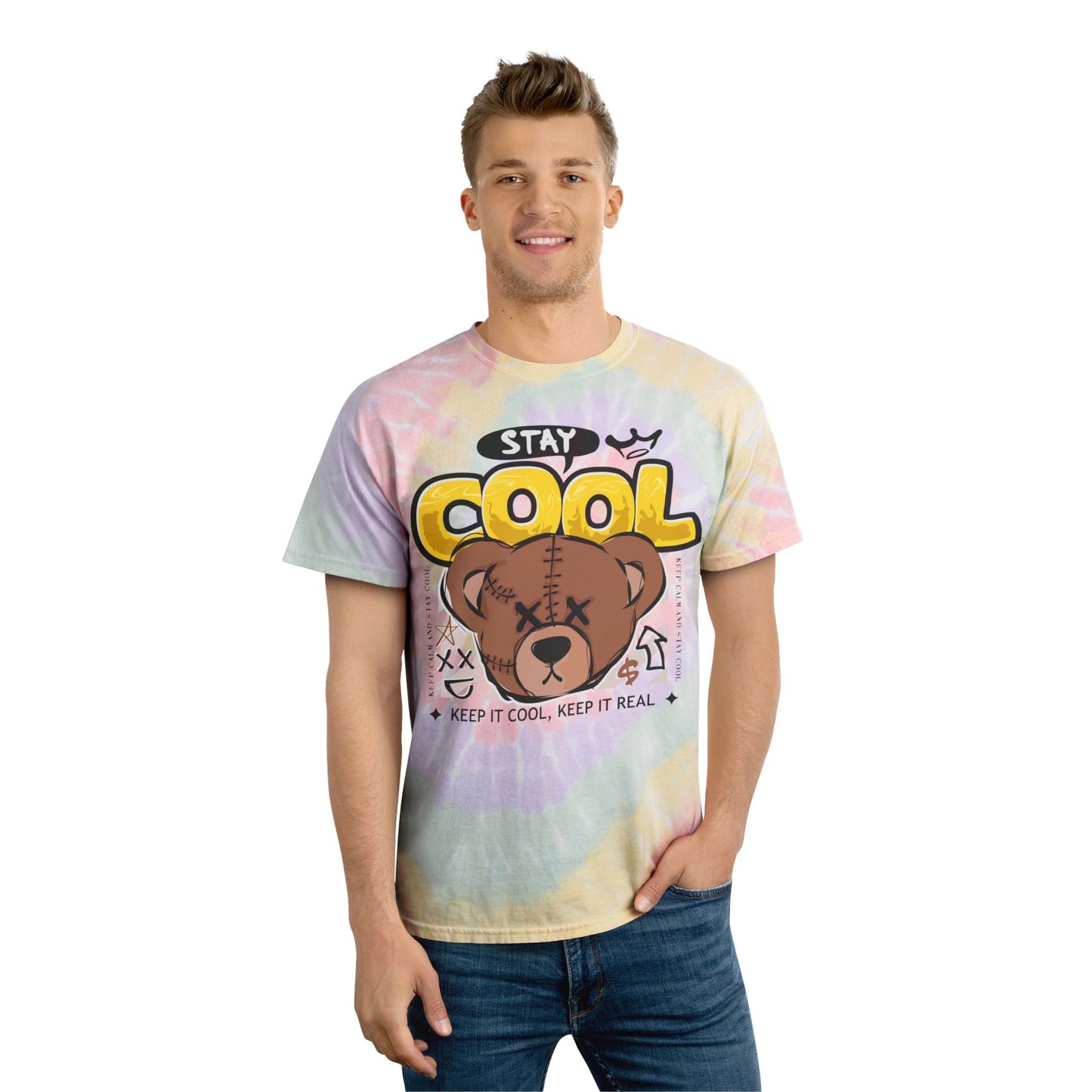 Unisex "Stay Cool" Tie Dye T-Shirt – Streetwear Graphic Tee with Brown Teddy Bear & Positive Quote – Soft Cotton Pastel Shirt Hazy Rainbow