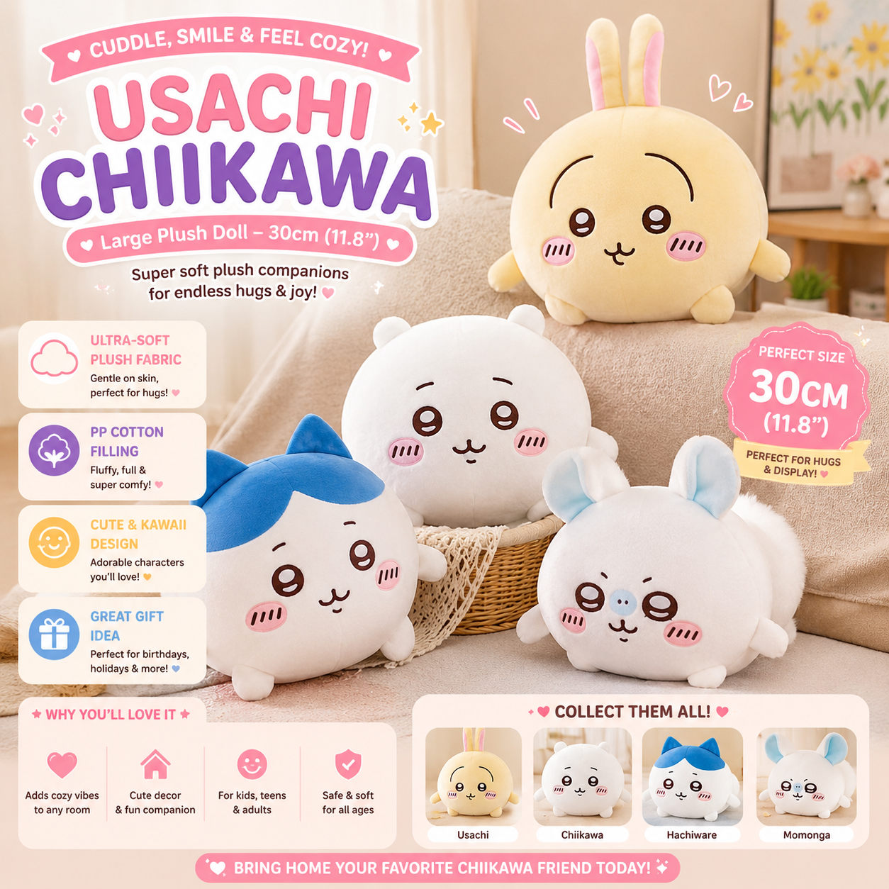 Large Size 30cm Usachi Chiikawa Doll Kawaii Plush Toy Bear