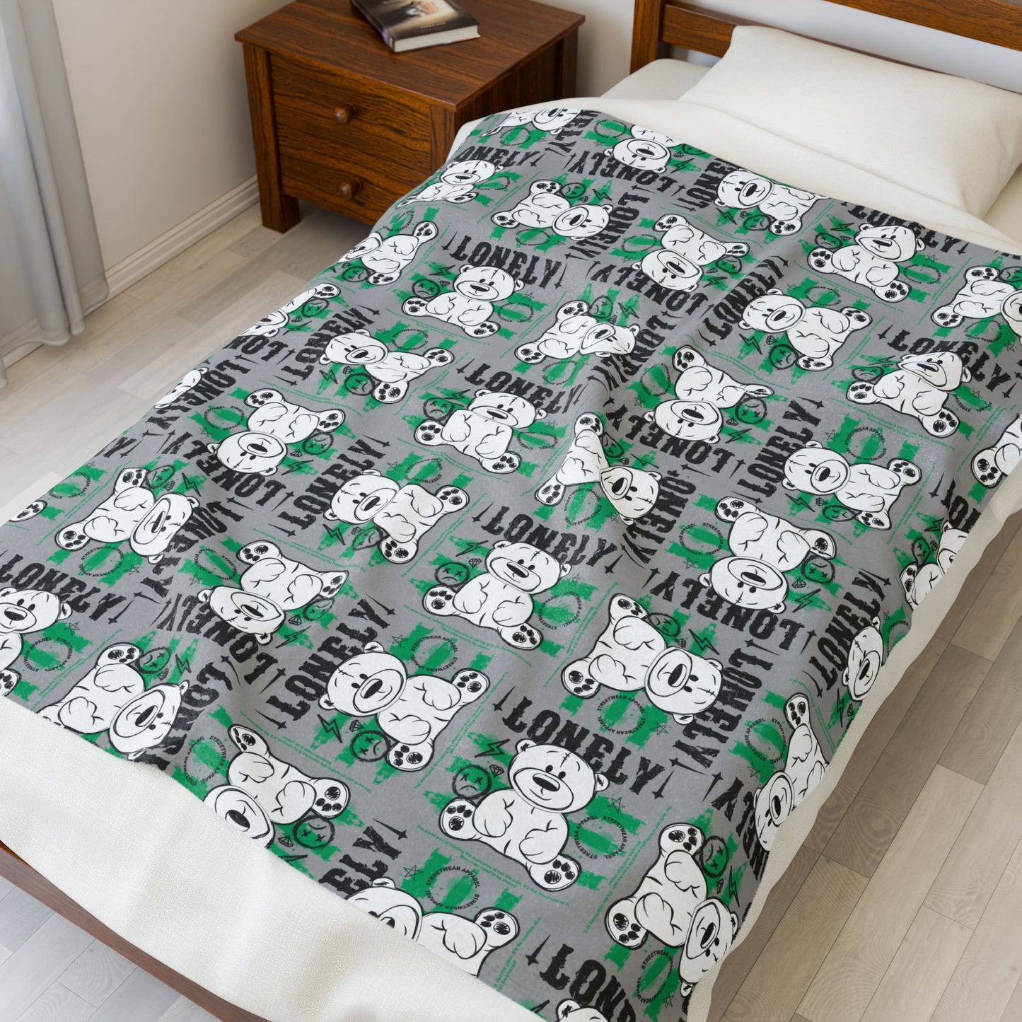 "Lonely" Teddy Bear Graphic Velveteen Plush Blanket – Soft Grey Throw for Home Decor – Introspective Streetwear Style 50" × 60"