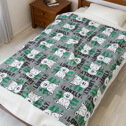 "Lonely" Teddy Bear Graphic Velveteen Plush Blanket – Soft Grey Throw for Home Decor – Introspective Streetwear Style 50" × 60"