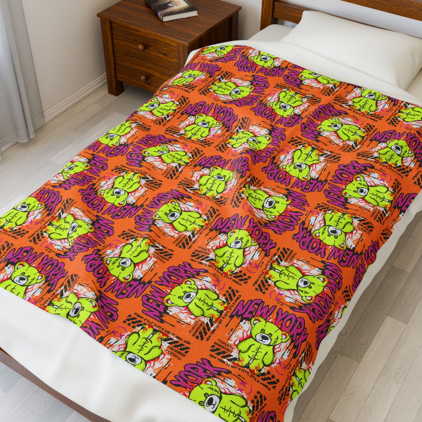 New York City Graphic Velveteen Plush Blanket – Soft Orange Throw with Green Bear – NYC Streetwear Souvenir Decor 50" × 60"