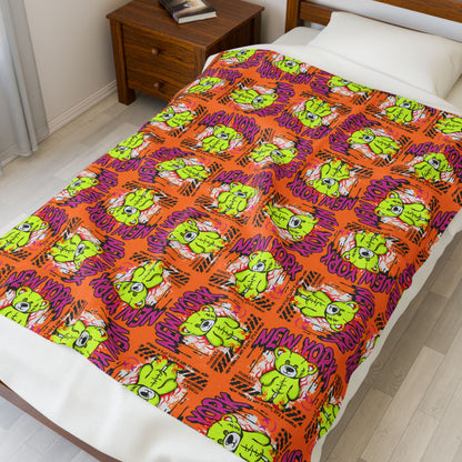 New York City Graphic Velveteen Plush Blanket – Soft Orange Throw with Green Bear – NYC Streetwear Souvenir Decor 50" × 60"