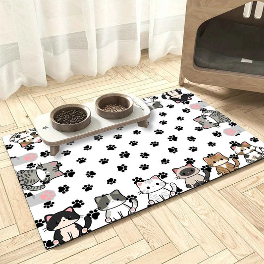 Pet mat with cat and paw pattern on a wooden floor, next to pet bowls and a cat house.