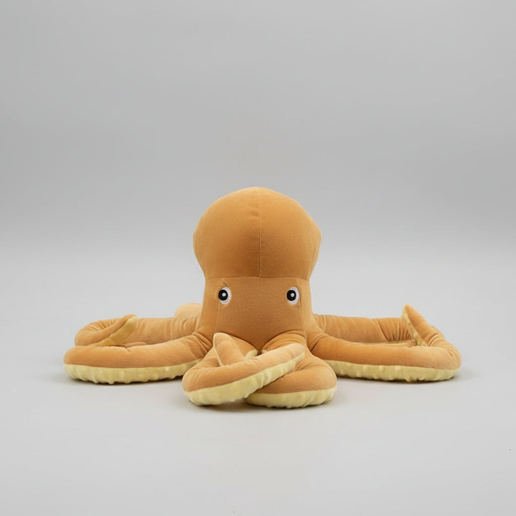 Plush octopus toy on a round table in a living room setting