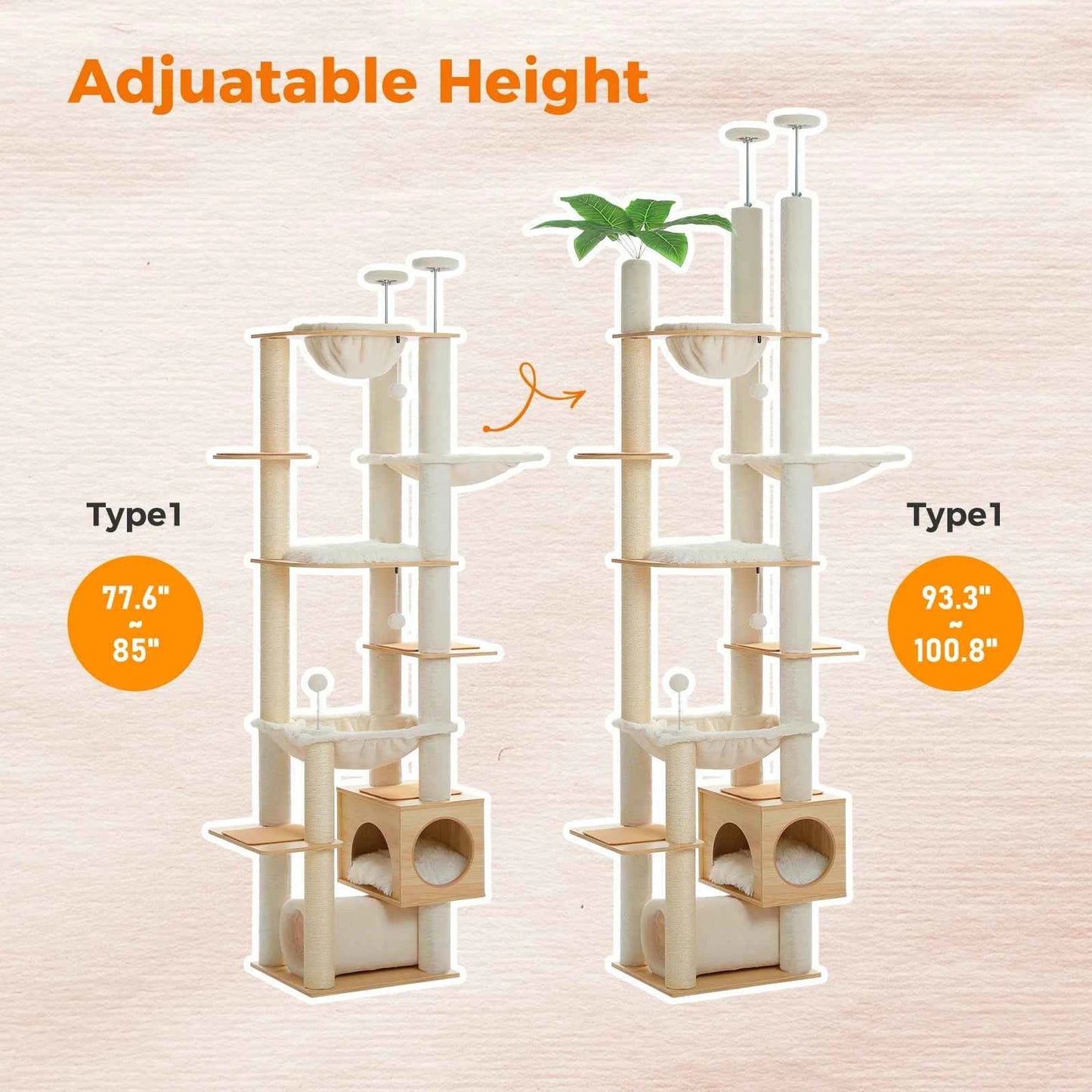 Height Adjustable Wooden Cat Tree Large Hammock Sisal Posts