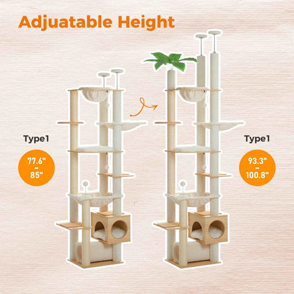 Height Adjustable Wooden Cat Tree Large Hammock Sisal Posts