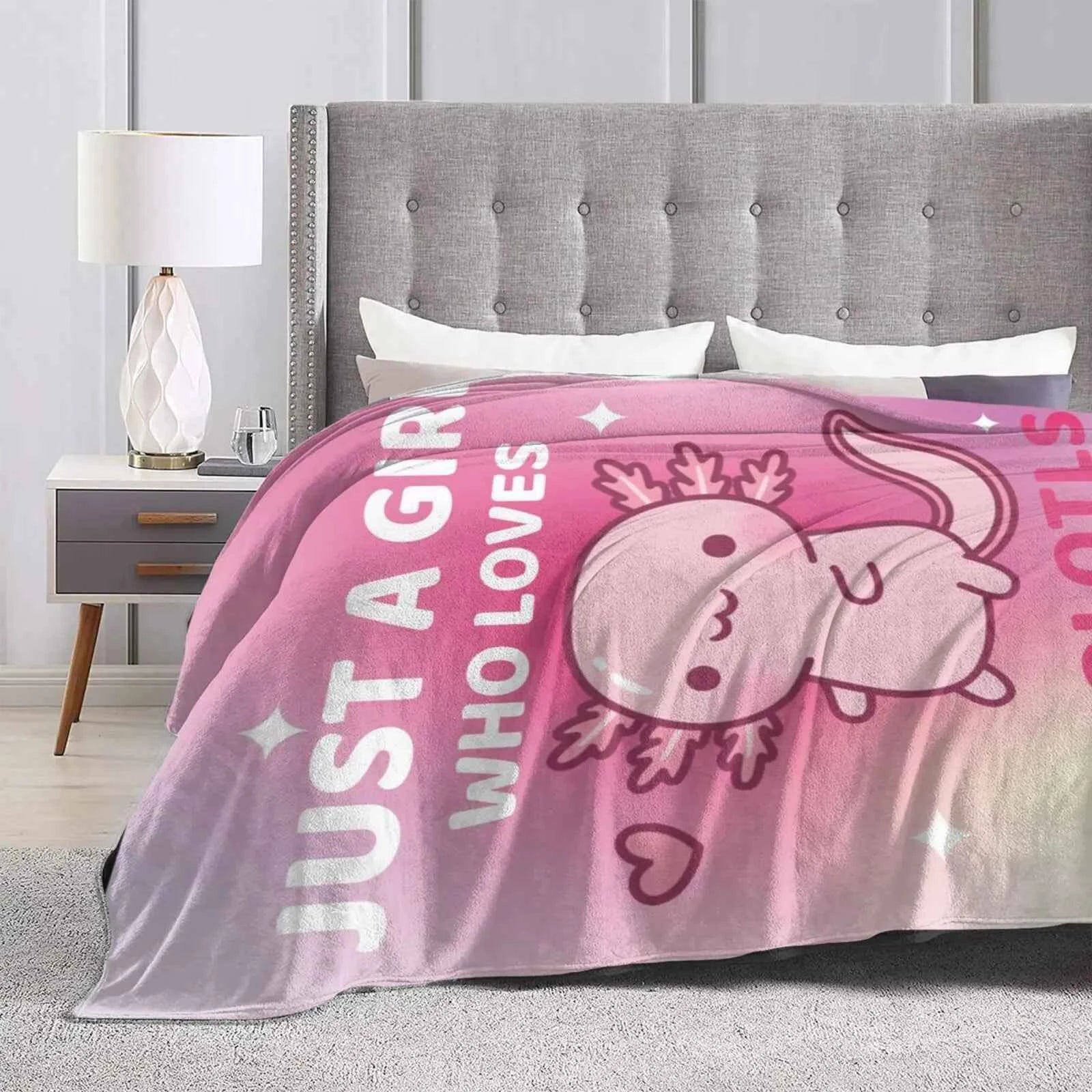 Kawaii Axolotl Animals Pink Print Flannel Blanke, Just A Girl Who Loves Axolotls, Multipurpose Living Room Sofa Outdoor Beach
