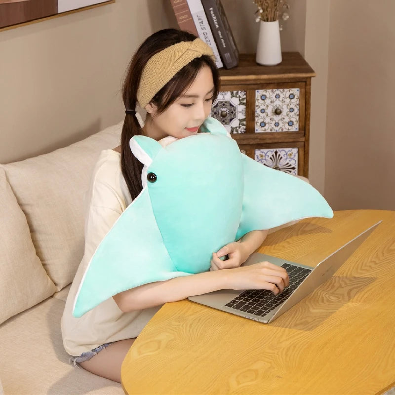 Kawaii Manta Ray Plush Pillow - Soft Stuffed Ocean Cuddle Toy and Gift, 2 Colors and 2 Sizes Green