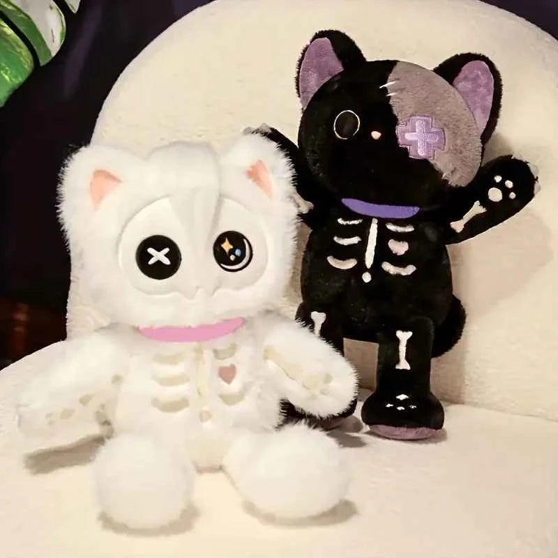 Kawaii Skeleton Cat Plush Doll - Soft Stuffed Gothic Halloween Cat Toy and Gift in Black and White, 35cm