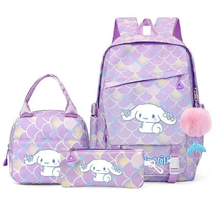 3PCS Cinnamoroll Fish Scale Backpack Set - Mermaid Pendant Lunch School Bag for Girls (17.7 in)