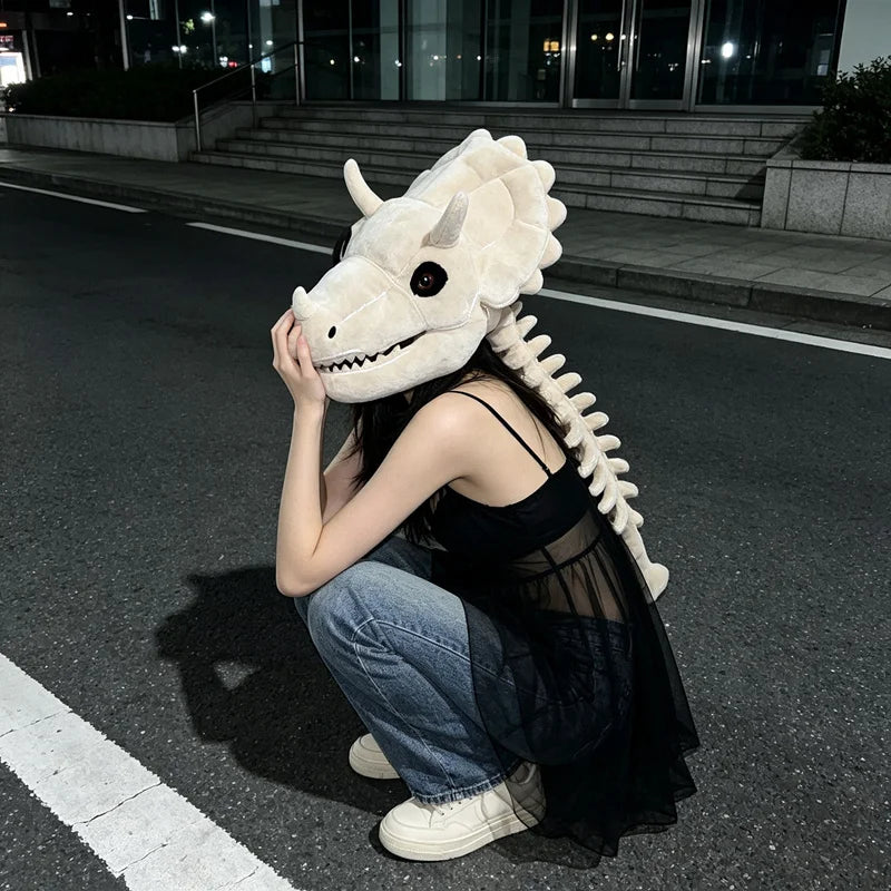 Dinosaur Plush Hat Celebrity-Style Cartoon Skeleton Headgear Soft Funny Doll Halloween Costume Toy Surprise Gift for All Ages white