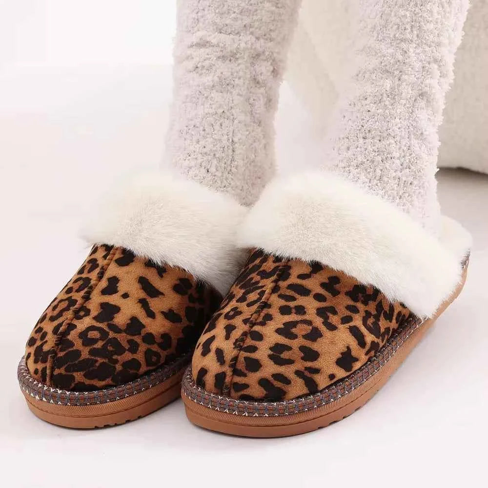 Fashion Leopard Fluffy House Slippers - Women's Warm Fur Collar Indoor Flat Sandals