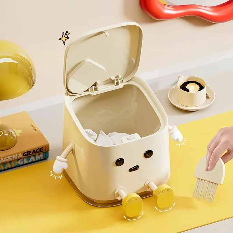1 pc Cute Push-On Mini Trash Can Brush Compact Desktop Can