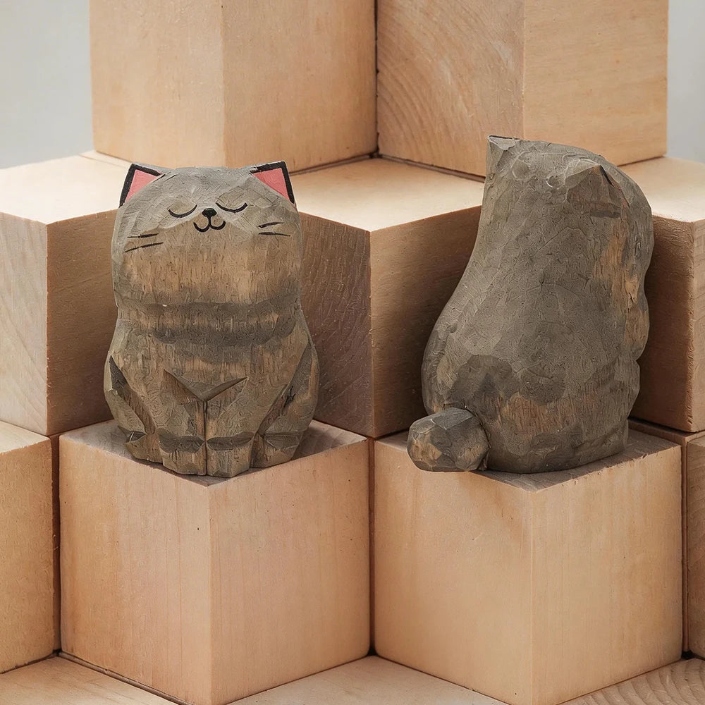 Handcrafted wood carving kitten statue Desk accessories Cat Cat-07
