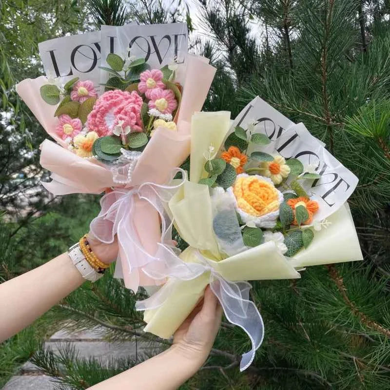 Finished Crochet Flower Bouquet (12.6-15.7 in) - Handmade Roses/Sunflowers/Carnations Gift