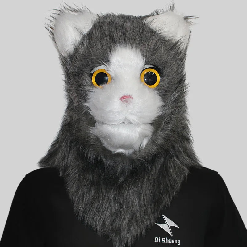Movable Mouth Cat Mask – Realistic Full Head Cat Cosplay Mask Cat Grey White 19.7"–25.6" (50–65cm)