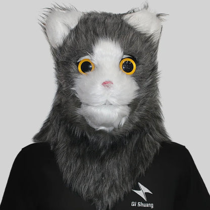 Movable Mouth Cat Mask – Realistic Full Head Cat Cosplay Mask Cat Grey White 19.7"–25.6" (50–65cm)