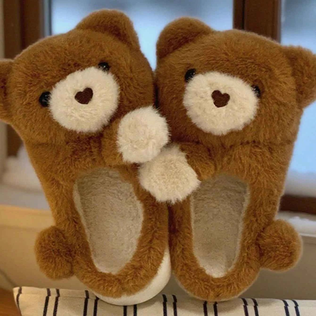 Kawaii 3D Hug Bear Fluffy House Slippers - Khaki Warm Winter Indoor Non-slip Shoes
