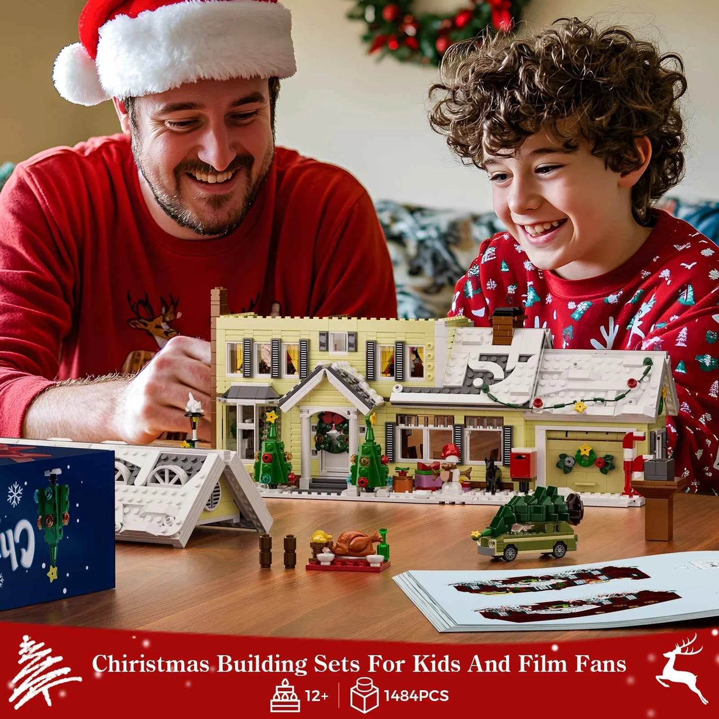 Christmas Holiday Snow Village House Building Set (1484 pcs) w/Clark's Car & Lights