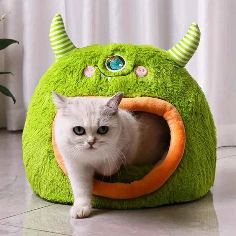 Kawaii Cartoon Monster Pet Bed (Up to 18.9 in) - Fully Enclosed Cat House Winter Warm