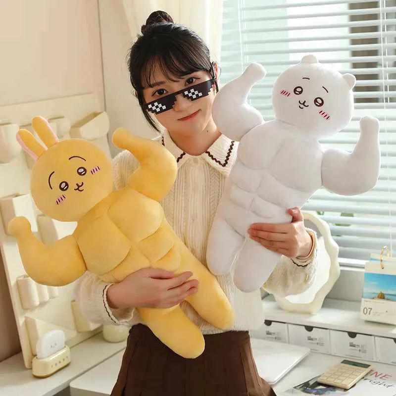 Kawaii Muscular Chiikawa Plush Pillow - Funny Buff Hachiware Usagi Stuffed Anime Doll and Fan Gift, 3 Characters and 2 Sizes