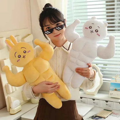 Kawaii Muscular Chiikawa Plush Pillow - Funny Buff Hachiware Usagi Stuffed Anime Doll and Fan Gift, 3 Characters and 2 Sizes
